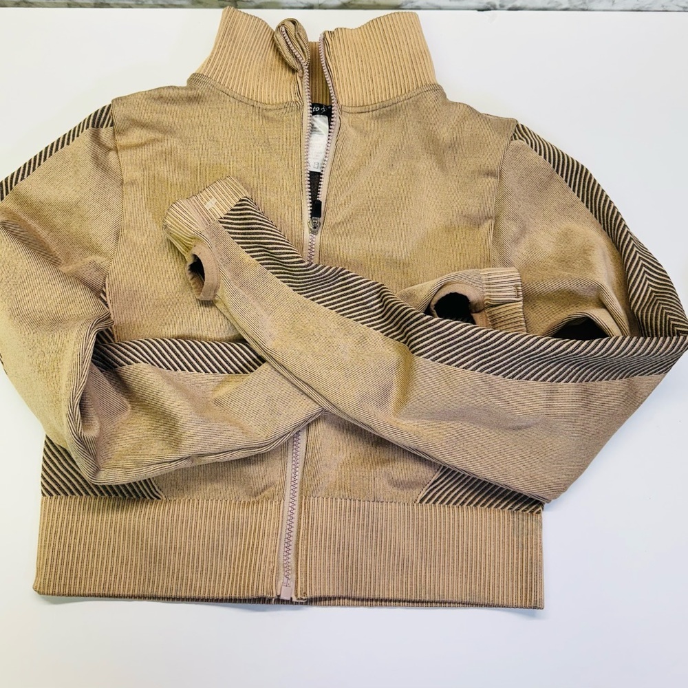 OTOS Cropped Workout Athletic Jacket Sz M Full Zip Mock Neck Black Tan Crop